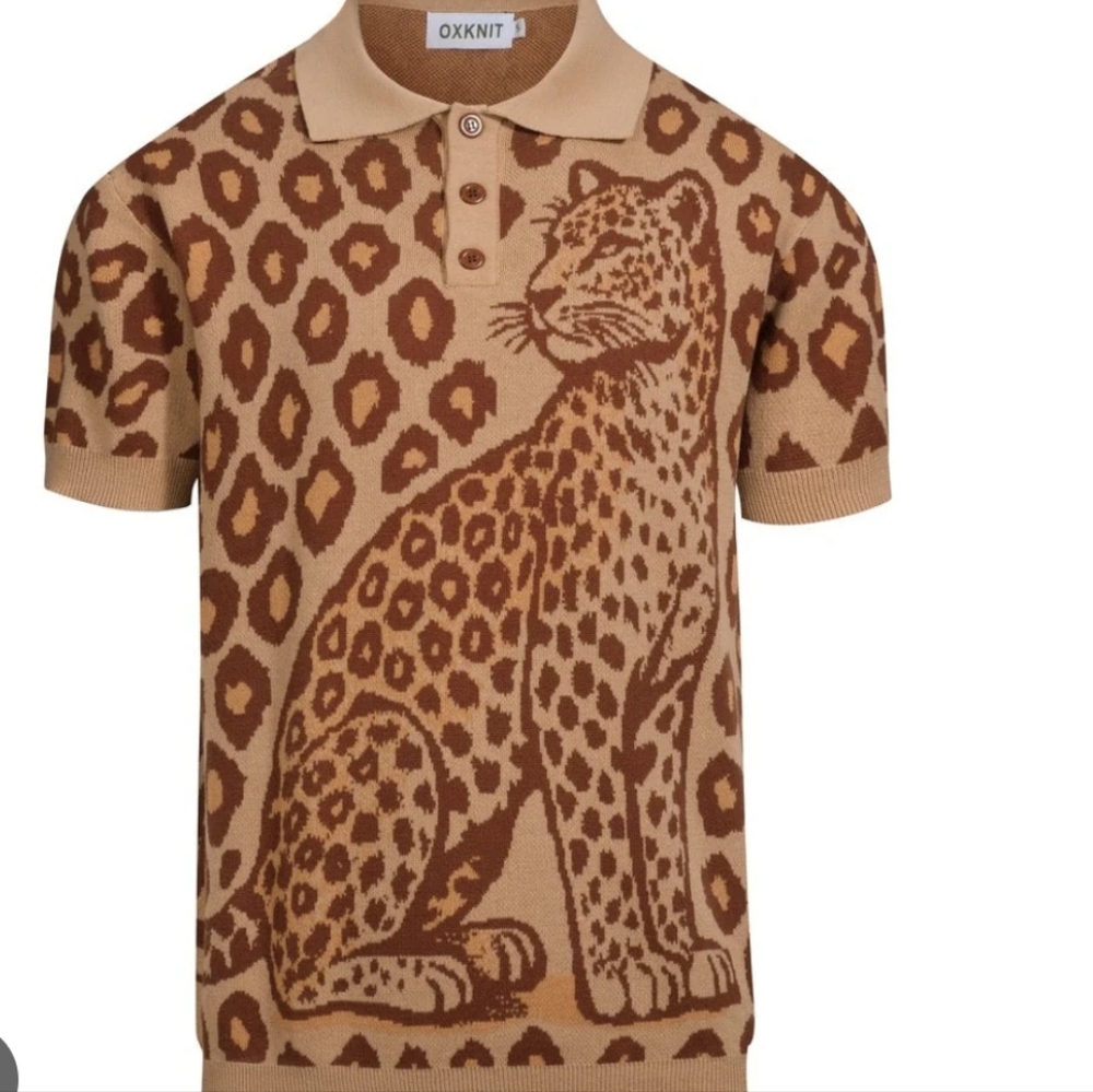 OXKnit Big Cat Leopard Animal Print Short Sleeve Cotton Knit Polo Tan & Brown L